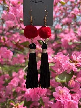 Red Pom-Pom and Black Tassel Drop Earrings